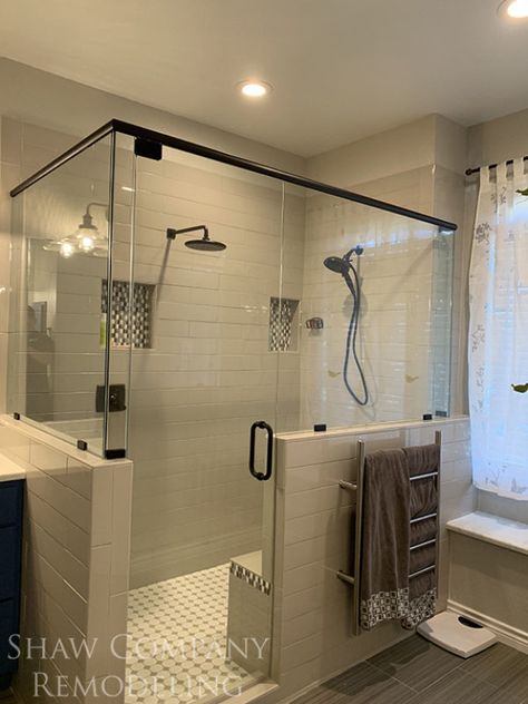 Double Sided Shower Master Bath, Double Pony Wall Shower Ideas, Double Walk In Shower Ideas Master Bath, Master Bath Double Shower Ideas, Master Shower Pony Wall, Double Entry Shower Walk In, Shower With Half Wall, 2 Person Shower Master Bath, Walk In Shower Double Shower Heads