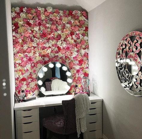 Flower wall Wall Flower Arrangements, Wall Desks, Sunset Romance, Vanity Table With Lights, Makeup Room Decor Wall, Immaculate Vibes, Diy Makeup Vanity, Hollywood Vanity, Wall Vanity