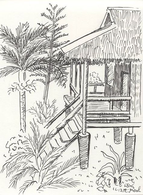 Travel sketch: tropical hut, Philippines Bahay Kubo Drawing Sketch, Philippine Architecture Drawing, Bahay Kubo Tattoo, Bahay Kubo Sketch, Philippine Culture Drawing, Bahay Kubo Drawing Easy, Philippine Art Artworks, Filipino Culture Drawing, Filipino Culture Art Drawing