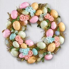 Easter Decorations & Gifts | Collections Etc. Colorful Easter Table, Colored Eggs, Easter Garden, Roses Blue, Blue Hydrangeas, Easter Traditions, Green Wreath, Easter Decorations Outdoor, Hanging Wreath