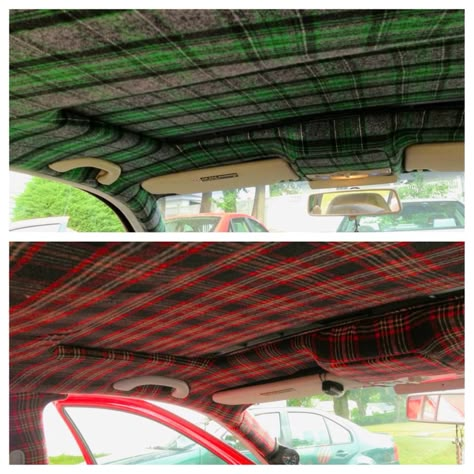 DIY Car Headliner: 4 Yards Of Any Fabric And 2 Cans 3M Super 90 Spray Adhesive. Average Cost: $40! Truck Interior Ideas Diy, Diy Car Wrap Ideas, Diy Headliner In Car, Car Ceiling Ideas, Diy Car Headliner Ideas, Truck Headliner Ideas, Car Roof Interior Diy, Paint Car Interior, Car Headliner Ideas