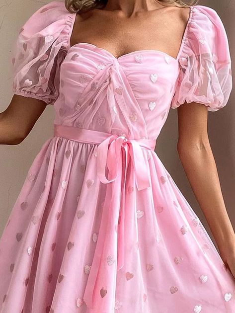 Twist Front Belted Heart Embroidery Mesh Dress | SHEIN USA Heart Mesh Dress, Pink Dress With Red Hearts, Pink Short Sleeve Dress With Heart Print, Pink Heart Print Dresses, Pink Mesh Dress, Playful Pink Heart Print Dress, Sparkly Party Dress, Concert Ideas, Heart Embroidery