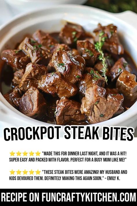 Crockpot Steak Bites - FunCraftyKitchen Sirloin Bites, Crock Pot Steak Bites, Crockpot Steak Bites, Venison Recipes Crockpot, Slow Cooked Steak, Crock Pot Steak, Venison Steak Recipes, Crockpot Steak Recipes, Sirloin Tip Steak