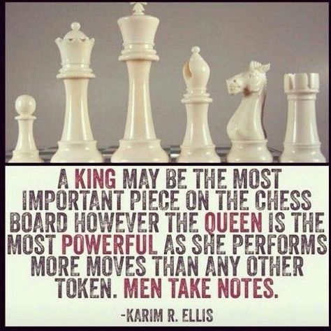 A King may be the most important piece on the chess board however the Queen is the most powerful as she performs more moves than any other token.  Men take notes.  Karim R. Ellis Chess Pieces Quotes, King And Queen Quotes, Chess King And Queen, Chess Rules, Chess Quotes, Happy Birthday Memes, Chess Tactics, Queen Chess Piece, Chess Moves