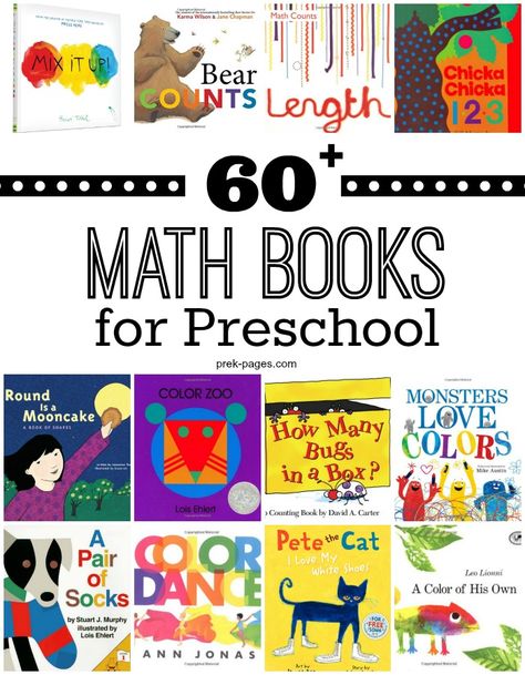 More than 60 Math Picture Books for Preschool. Use this extensive book list to introduce math concepts in your preschool or kindergarten classroom. Math Picture Books, Books For Preschool, Math Pictures, Kindergarten Books, Prek Math, Math Activities Preschool, Preschool Books, Math Books, Teaching Preschool