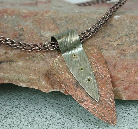 Mixed Metal Shield Shaped Pendant Copper by SilverSeahorseDesign Artisan Necklaces With Hand Forged Rectangular Pendant, Vintage Hand Forged Metal Necklace, Bohemian Hand Forged Agate Necklace, Artistic Silver Copper Necklace, Hand Forged Amulet Pendant Jewelry, Bails For Jewelry, Rivet Jewelry, Stone Settings Jewelry, Hammered Jewelry