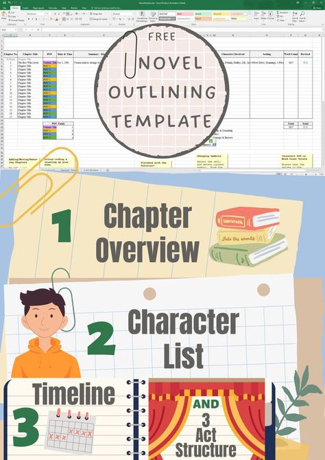 Free template for novel outlining, chapter overviews and keeping track of your characters! #writing #noveloutline Writing Planning Template, Scene Writing Template, Novel Writing Outline Templates, Writing Outline Templates, Character Spreadsheet, Chapter Outline Template, Novel Outlining, Book Writing Template, Novel Outline Template