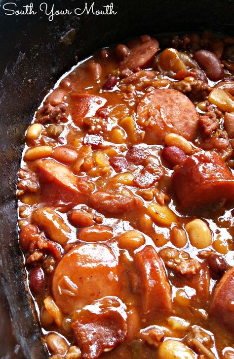 Three Meat Crock Pot Cowboy Beans | BBQ beans with smoked sausage, bacon and ground beef! Cowboy Baked Beans, Baked Beans With Bacon, Bbq Baked Beans, Bbq Beans, Smoked Sausage Recipes, Cowboy Beans, Baked Bean Recipes, Crockpot Dishes, Crockpot Recipes Slow Cooker