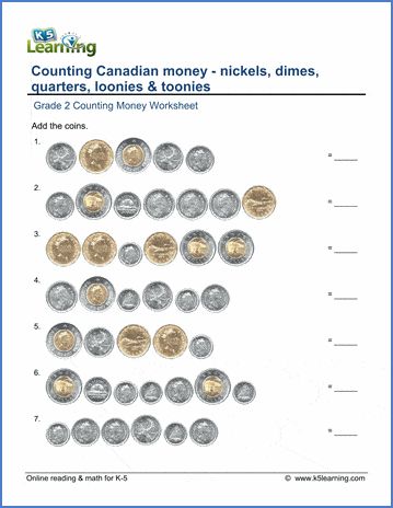 Grade 2 money worksheets on counting Canadian nickels, dimes, quarters, loonies and toonies. Free math worksheets from K5 Learning's online reading and math program. Money Worksheets Grade 3, Canadian Money Worksheets, Money Canadian, Worksheet Counting, Counting Money Worksheets, Grade 4 Math, Division Activities, Worksheet Kindergarten, Worksheet For Kindergarten