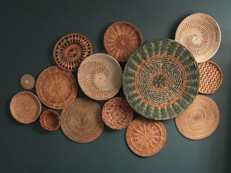 Basket Wall Boho, Rattan Lamps, Anthropologie Decor, Rattan Pendant Lights, Basket Wall Art, Apartment Decorating On A Budget, Grand Millennial, Wall Baskets, Deco Nature