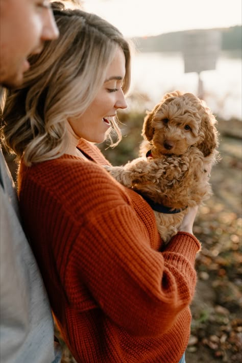 Fall session at Lake Brandt with new golden doodle puppy | by Kayli LaFon Photography, North Carolina Wedding & Elopement Photographer | Couple photos with dog New Dog Photoshoot, Puppy Photography Photo Shoots, Couple Pictures With Puppy, Puppy Couple Photoshoot, Family Photos With Puppy, Couple Photos With Puppy, Fall Couple Photos With Dog, Couple With Dogs Photoshoot, Couple Poses With Dog