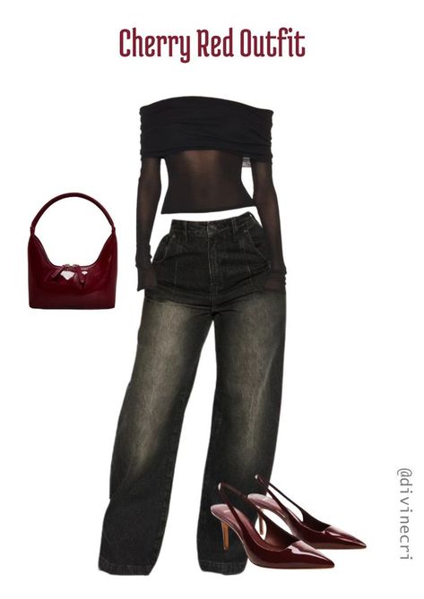 Black And Cherry Red Outfit, Dark Red Heels Outfit, Black Jeans Outfit Spring Casual, Dark Red Bag Outfit, Black Jeans Outfit Spring, Red Purse Outfit, Cherry Red Outfit, Red Heels Outfit, Red Bag Outfit