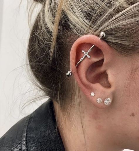 Industrial Piercing Design, Different Industrial Piercings, Industrial Piercing Aesthetic, Cute Industrial Piercing, Industrial Ear Piercing, Industrial Earring, 3 Lobe Piercings, Industrial Piercings, Ear Piercings Industrial