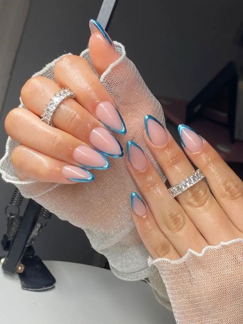 French Chrome Nails, Blue Chrome Nails, Chrome Nails Designs, Casual Nails, Fire Nails, Pretty Acrylic Nails, Short Acrylic Nails, Chrome Nails, Cute Acrylic Nails