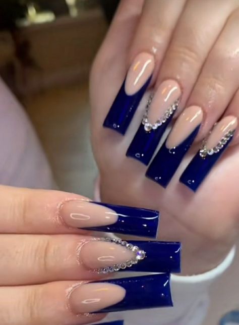 Black Nails With Blue Underneath, Acrylic Nail Royal Blue, Marine Blue Nails Acrylic, Navy Rhinestone Nails, Navy Blue Long Acrylic Nails, Dark Blue Nails Rhinestone, Homecoming Nail Ideas Royal Blue, Nails To Go With Royal Blue Prom Dress, Dark Blue Shiny Nails