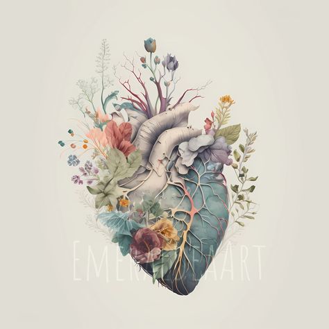 Whimsical Anatomy: Foliage and Fantasy, blooming heart artwork Akvarel Illustration, Lungs Art, Heart Lungs, Heart Artwork, Therapy Office, Watercolor Heart, Tiger Art, Anatomical Heart, Human Heart