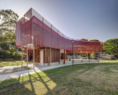 Completed in 2023 in Hurlstone Park, Australia. A red-roofed Y-shaped pavilion is a beacon for the local community. A new community center in the inner west of Sydney, designed by Sam Crawford... Park Pavilion, Terracotta Roof, Passive Design, Community Centre, Timber Panelling, Clerestory Windows, Landscape Elements, Red Roof, Bath House