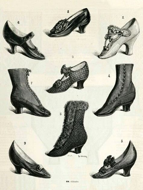 1870 Fashion, Edwardian Shoes, Century Shoes, Lovely Illustrations, Historical Shoes, Victorian Shoes, Victorian Boots, Vintage Shoe, Victorian Costume