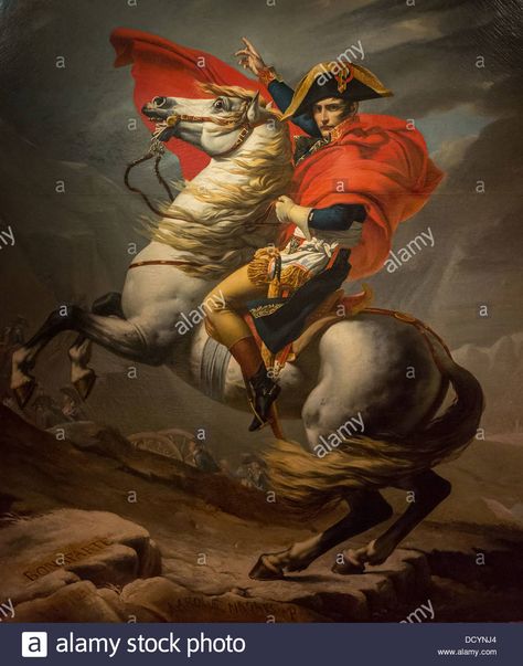 19th century - Napoleon Bonaparte Crossing the Alps - Jacques-Louis David (1802) Philippe Sauvan-Magnet / Active Museum Stock Photo Napoleon Crossing The Alps, Poster Design Event, Jacques Louis David, Landscape Posters, Napoleon Bonaparte, La Seine, Tableau Design, Art Parody, French Revolution