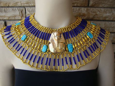 New King Tut Center Piece Egyptian Beaded by CleopatraCollar Egyptian Goddess Costume, Ancient Egyptian Clothing, Biblical Clothing, Egyptian Halloween, Cleopatra Necklace, Dance Christmas, Egyptian Clothing, Queen Cleopatra, Egypt Jewelry