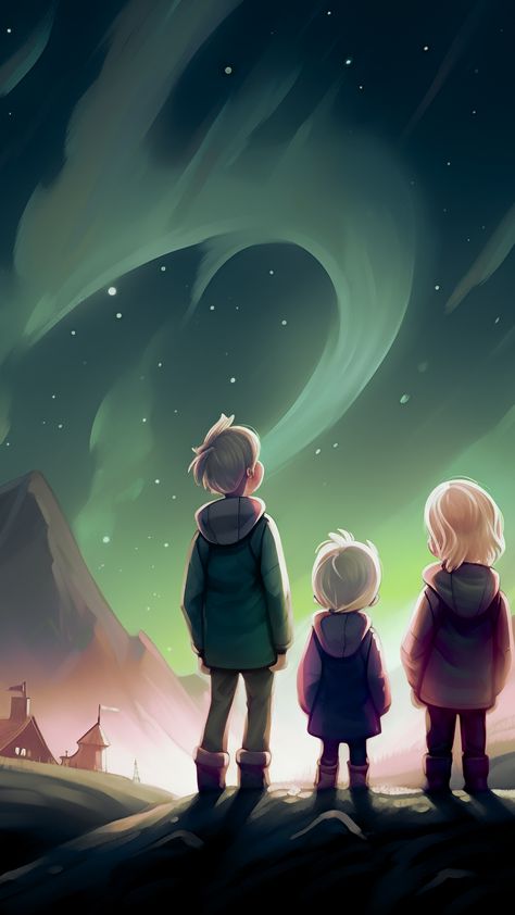 A illustration of three siblings looking at the beautiful Aurora Borealis on the sky. Ultra high definition, ar 16:9. Size: 1260 x 3840 #digitalart #childrenbookillustration #auroraborealis #4k #siblings #colorfulillustration #highqualityart #characterart Sibling Illustration, Siblings Illustration, Siblings Art, Sibling Art, Three Siblings, Teacher Board, Boss Wallpaper, Look At The Sky, Children Book