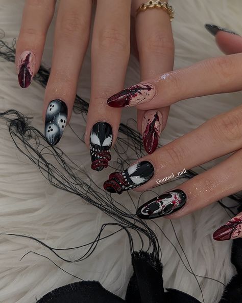 Venom 🩸 📍We’re located in Bloor West Village near Jane and Runnymede station 🚉 . . #GENTEELnailsalon #downtowntoronto #higparknails #Torontonailsalon #frenchtip #nails #halloweennails #nailart #nailsonfleek #gel #nailsr2inspire #birthdaynails #acrylicnails #freehandnailart #characterart #butterflynail #y2k #crystalnail #summernail #diamondnail #valentinenails #cateyenails #3dgel #chromenail #halloweennails Venom Nails, Cat Eye Nails, Butterfly Nail, Diamond Nails, Crystal Nails, Birthday Nails, West Village, Chrome Nails, Valentines Nails