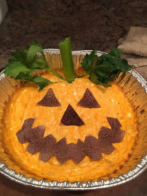 Pumpkin Buffalo Chicken Dip, Buffalo Chicken Dip Pumpkin, Spooky Buffalo Chicken Dip, Halloween Buffalo Dip, Halloween Party Dishes Food Ideas, Buffalo Chicken Dip Halloween Ideas, Halloween Dip Idea, Buffalo Chicken Dip Halloween, Halloween Buffalo Chicken Dip