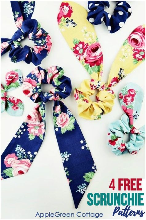 free scrunchie pattern in 4 designs - Make your perfect bow scrunchie with my best 4 free scrunchie sewing pattern options - including a diy scarf scrunchie, mini knot scrunchie, a bunny ear scrunchie, a knot bow scrunchie, and one more! See how to make your own scrunchie - but download your free printable scrunchie templates first! Diy Bunny Ears, Scrunchie Pattern, Scrap Projects, Scrunchie Styles, Sewing Projects Free, Diy Scarf, Baby Sewing Patterns, Diy Teacher Gifts, Wallet Pattern