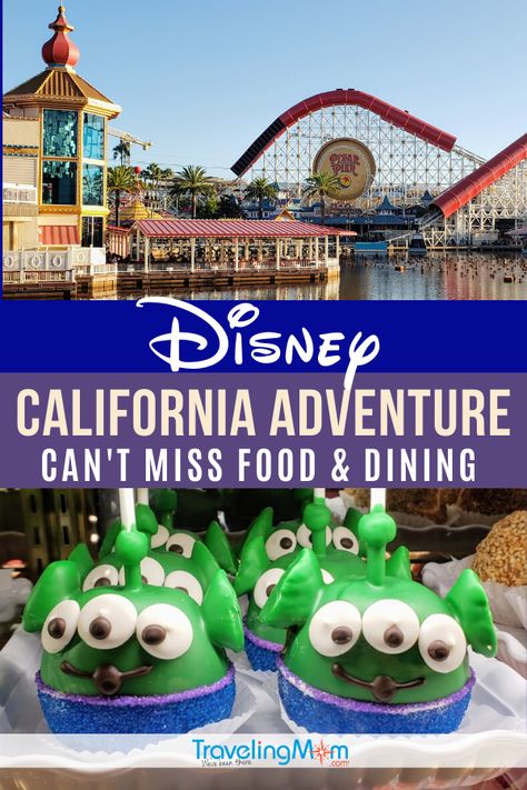 What are the can't miss Disney dining and food experiences to be found at Disney California Adventure park? From full service, quick service, splurges and budget dishes, get all the tips on what to eat in this Disneyland Resort theme park. Find out how to snag the hot reservations and what snacks are best. #TMOM #Disney #Disneyland #California #ThemeParkFood | TravelingMom | Travel with Kids | Family Travel | Amusement Parks California Adventure Food, Disneyland 2023, Disneyland Vacation Planning, Hawaii Cruise, Disney Eats, Disneyland Planning, Girls Trips, Usa Trip, Disney California Adventure Park