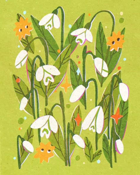 Snowdrops!! Spring is almost here!!!!!!! I haven't seen any snowdrops yet but they're such a lovely flower :') Experimented with using texture overlays in a slightly new way, and a new texture that I scanned! Exciting!! My cat is doing way better already today compared to yesterday, thank you all for the support this week!! #digtaldrawing #illustration #procreate Peppermint Plant Illustration, Gallery Wall Classroom, Growing Illustration, Spring Drawing Ideas, Flower Art Aesthetic, Snowdrop Art, Floral Patterns Vintage, Snowdrop Flower, Spring Drawing