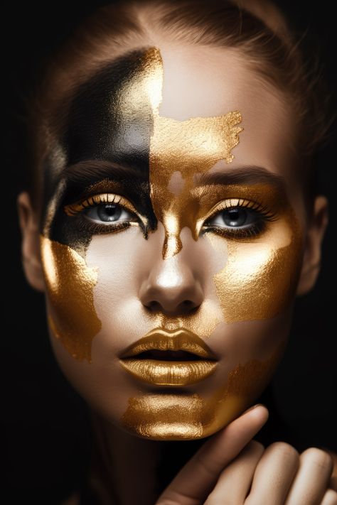 Fashion Portrait with golden Makeup Conceptual Makeup, Sci Fi Makeup, Gold Face Paint, Fotoshoot Ideas, Robot Makeup, Prada 2017, Golden Woman, Jewellery Shoot, James Bond Party