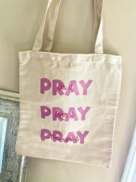 Jesus Tote Bag Painting Ideas, Pray On It Pray Over It Pray Through It, Bible Bags Totes Diy Paint, Bible Tote Bag Painting Ideas, Bible Bags Totes Diy, Bible Study Tote Bag, Bag Painting Ideas, Jesus Merch, Painting Tote Bags