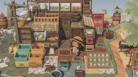 Fish Market Concept Art, Acnh Fishing Market, Acnh Japanese Fish Market, Acnh Fishing Town, Acnh Fish Market Design Codes, Acnh Japanese Market, Acnh Fishing Village, Animal Crossing Fish Market, Acnh Market Inspiration