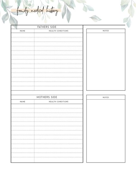 Medical History Printable Free, Family Medical History Printable Free, Medical History Template, Family Binder Free Printables, Health Binder, Family Medical History, Family History Printables, History Template, Medical Printables