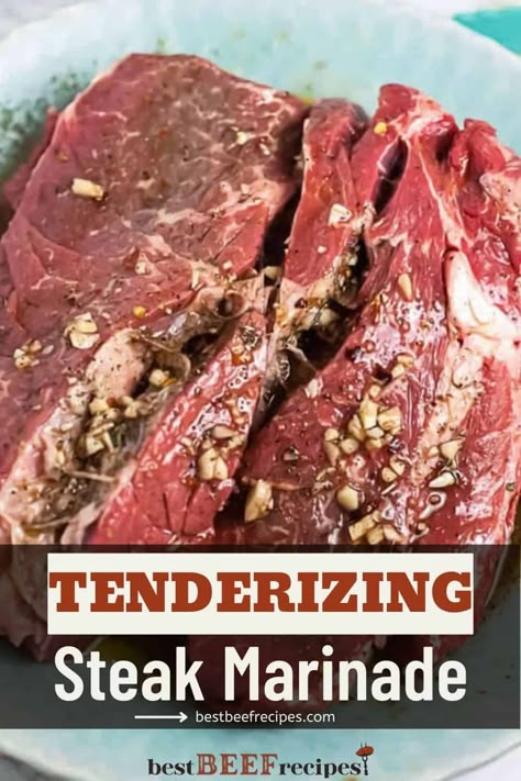 You'll never believe how tender and flavorful such an easy Steak Marinade Recipe can make even the cheapest cut of steak! Trust me, it's a game changer! via @bestbeefrecipes Best Tenderizing Steak Marinade, Steak Marinade With Baking Soda, Beef Tenderizer Marinade, Best Steak Tenderizer Marinade, Strip Loin Steak Marinade, Marinade For Tough Steak, Bottom Round Steak Marinade, Tenderizing Marinade For Steak, Marinade For Chuck Steak