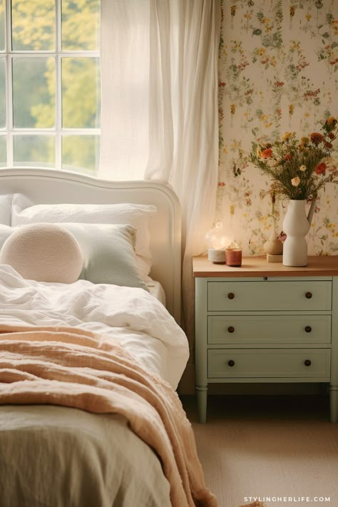 19 Dreamy Cottagecore Bedroom Ideas That Will Transform Your Space - Styling Her Life English Cottage Style Bedroom Ideas, Cozy Cottage Guest Bedroom, Cottage Core Bedrooms, English Countryside Bedroom, Cottagecore Bedroom Aesthetic, Cottage Bedroom Ideas, Bedroom Cottagecore, Cottage Core Bedroom, Cottagecore Bedroom Ideas