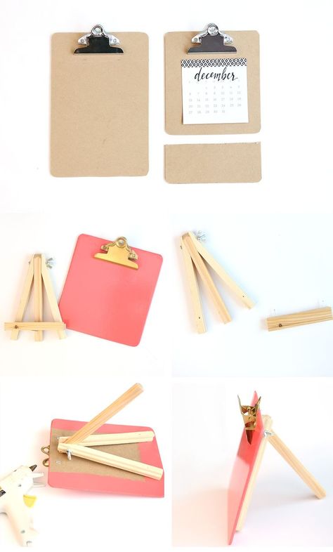 DIY Clipboard Easel Calendar. Would skip the saw and leave full size for kid's artwork or schoolwork display. Clipboard Diy, Diy Clipboard, Diy Desk Calendar, Diy Easel, Easel Calendar, Diy Calendar, Kids Calendar, Desk Calendar, Diy Desk