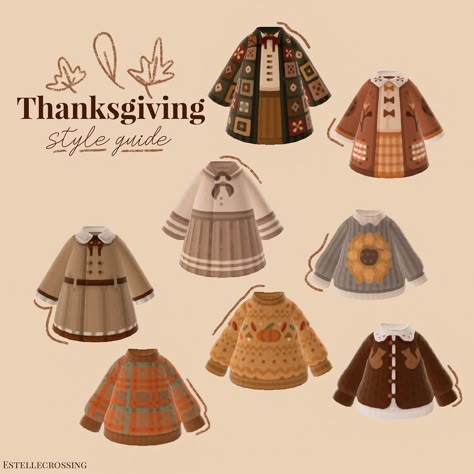 noelle from estelle on Instagram: “With thanksgiving just around the corner be sure you have your outfit planned🥧🧡🍁 •• *none of these designs are mine unless stated otherwise” Animal Crossing Thanksgiving Designs, Thanksgiving Acnh, Acnh Thanksgiving Clothes, Acnh Fall Outfits, Acnh Character Design, Acnh Fall Clothes, Acnh Fall Outfit Codes, Animal Crossing Thanksgiving, Animal Crossing Fall Outfits