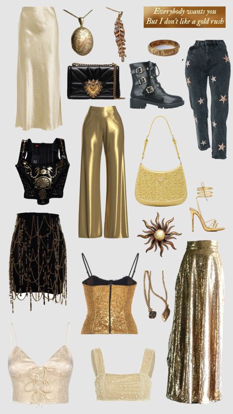 “I don’t like a gold rush” #goldrush #taylorswift #erastour #erastouroutfits Gold Rush Outfit Ideas, Gold Taylor Swift Outfits, Taylor Swift Gold Rush Outfit, Gold Rush Outfit, Gold Rush Eras Tour Outfit, Gold Rush Taylor Swift Outfit, Gold Eras Tour Outfit, Gold Concert Outfit, Gold Rush Aesthetic