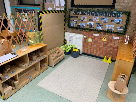 EYFS Reception Continuous Provison Construction Area Small Construction Area Eyfs, Construction And Small World Area Eyfs, Reception Construction Area, Reggio Construction Area, Indoor Construction Area Eyfs, Construction Areas Eyfs, Eyfs Areas Of Provision, Construction Display Eyfs, Vets Role Play Area Eyfs