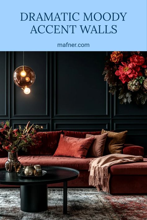 A collection of beautifully designed moody accent walls showcasing rich colors and textures that add drama to interior spaces. Moody Den Colors, Moody Wall Mural, Moody Wall Paint, Moody Accent Wall Living Room, Dark Feminine Living Room, Burgundy Accent Wall, Cozy Moody Living Room, Moody Accent Wall, Dark Moody Living Room