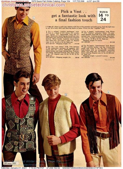 1970 Sears Fall Winter Catalog, Page 104 - Catalogs & Wishbooks 70s Fashion Winter, Men Christmas Outfit, 70s Mens Fashion, 70s Women Fashion, 70s Men, Outfits 70s, Seventies Fashion, Christmas Catalogs, Christmas Men