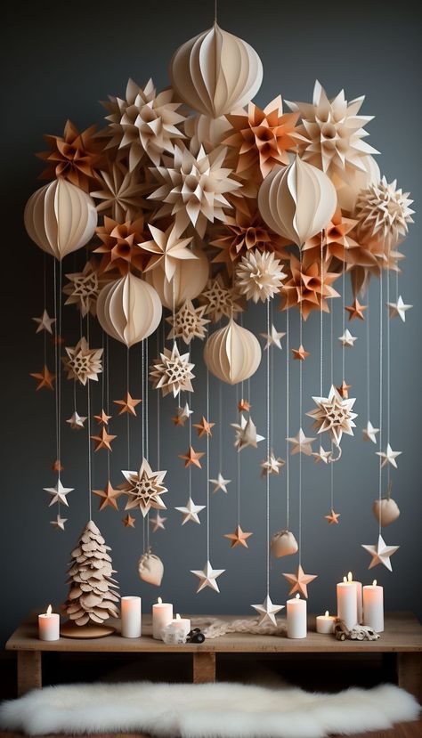 Origami Backdrop, Paper Christmas Decorations, Paper Christmas Ornaments, Noel Diy, Xmas Deco, Navidad Christmas, Paper Stars, Paper Christmas, Noel Christmas