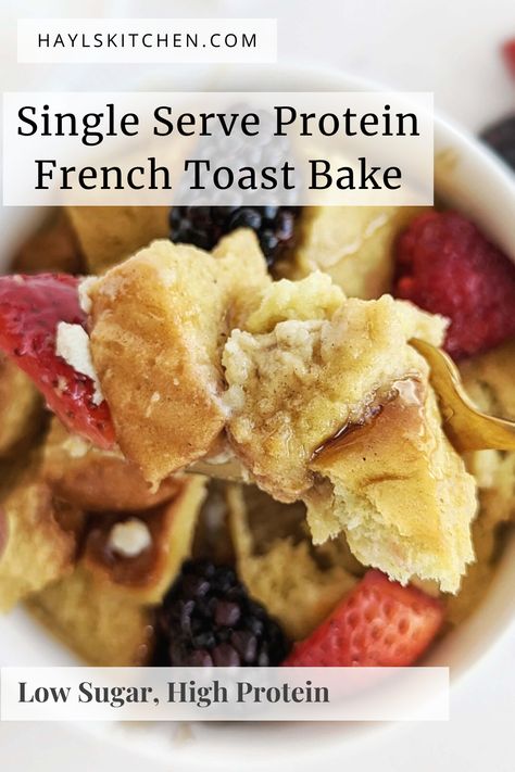 Single Serve Protein French Toast Bake is the perfect breakfast for one. Quick, easy, sugar-free and healthy individual anabolic french toast with protein powder. Gluten Free French Toast Casserole, Single Serve Dessert Recipes, Single Serve Breakfast, Protein Toast, Breakfast For One, Protein French Toast, Healthy French Toast, Healthy High Protein Breakfast, Single Serve Meals