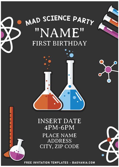 Awesome (Free Editable PDF) Fabulous Mad Scientist Birthday Party Invitation Templates #free #freeinvitation2019 #birthday #disney #invitations #invitationtemplates Mad Scientist Invitations, Graduate Poster, Mad Scientist Birthday Party, Science Invitations, Science Party Invitations, Science Birthday Party Ideas, Scientist Birthday Party, Mad Scientist Birthday, Cheap Birthday Party