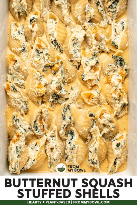 These Butternut Squash Stuffed Shells are baked in a rich and creamy vegetable sauce and stuffed with a healthy homemade vegan ricotta filling. Indulge in this classic comfort food made with a seasonal twist! Vegan, Gluten-Free & Oil-Free Option. Vegan Butternut Squash Stuffed Shells, Butternut Stuffed Shells, Butternut Squash Shells, Butternut Squash Stuffed Shells, Squash Stuffed Shells, Butternut Squash Stuffed, Vegan Stuffed Shells, Spinach Stuffed Shells, Butternut Squash Sauce