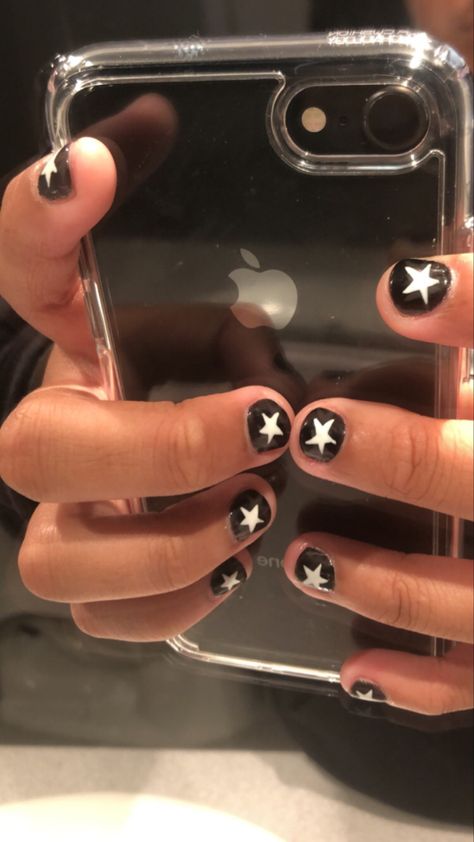 Black Nail White Star, Black Male Nail Designs, Mens Nails Ideas, White Nails With Black Stars, Black Nails With White Stars, Masc Nail Designs, Star Nails Black And White, Men Painted Nails, Male Manicure Art Designs