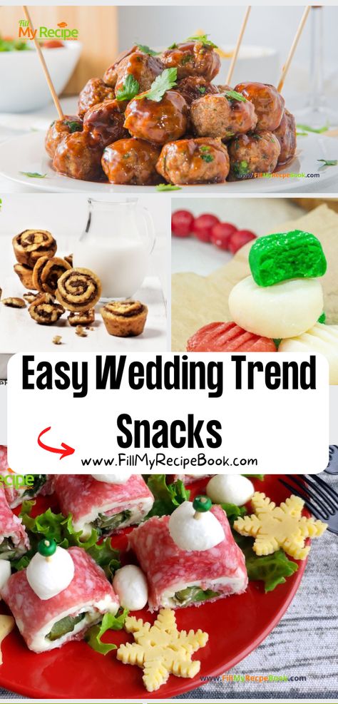 Make these Easy Wedding Trend Snacks recipe ideas. Finger food for the bridal table and guests table or party, savory and sweet appetizers. Easy Wedding Appetizers Finger Foods, Wedding Day Snacks For Bridal Party Food, Bridal Party Snacks Before Wedding, Easy Wedding Food, Reception Finger Foods, Pickle Bar, Wedding Appetizer Ideas, Wedding Reception Appetizers, Brunch Finger Foods