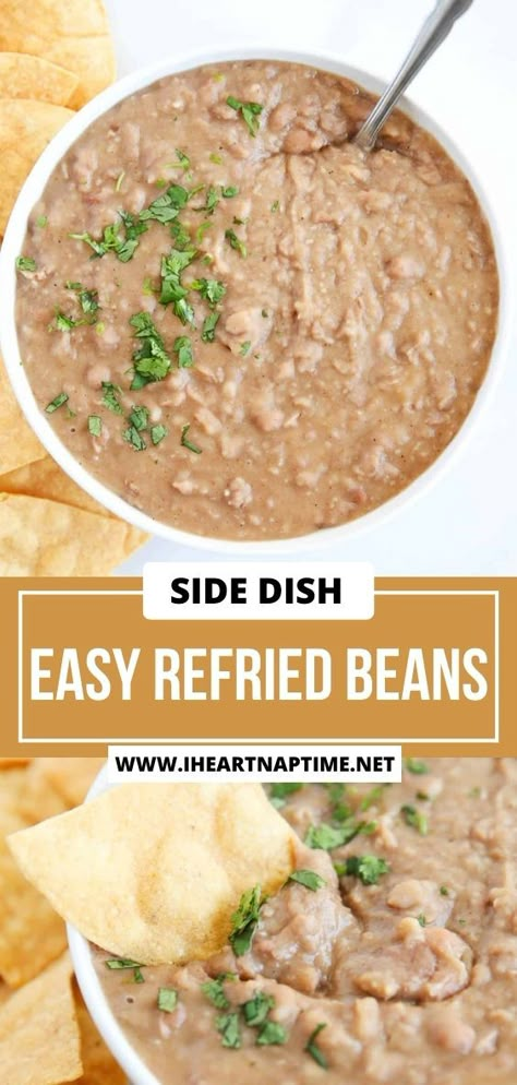 These easy refried beans are creamy and flavorful thanks to canned pinto beans! Quick to make in 15 minutes, they are a delicious and nutritious side dish to any Mexican meal. Refried White Beans, Refried Beans Seasoning, Refried Beans Recipe From Canned Beans, Refried Beans From Can, How To Make Refried Beans Homemade, Make Refried Beans From Canned Beans, How To Season Refried Beans, Refried Beans Mexican Style, Whole Beans Mexican