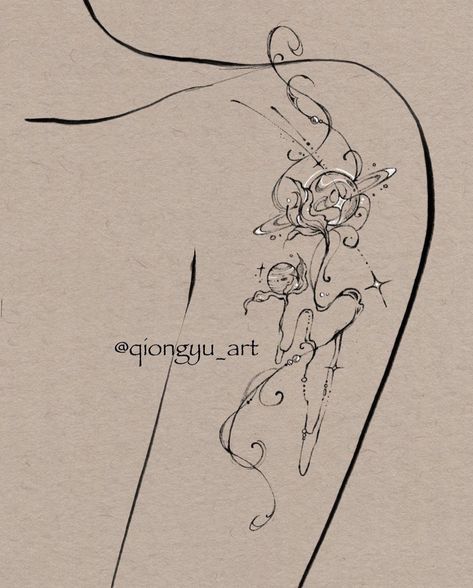 Planet Back Tattoo, Planets Tattoo, Shoulder Cap Tattoo, Saturn Tattoo, Planet Tattoos, Planet Saturn, Beautiful Flower Tattoos, Bicep Tattoo, Stylist Tattoos